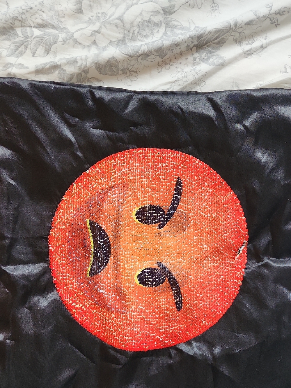 Sequin Emoji Patch Pillow Cover - Orange Smiley
